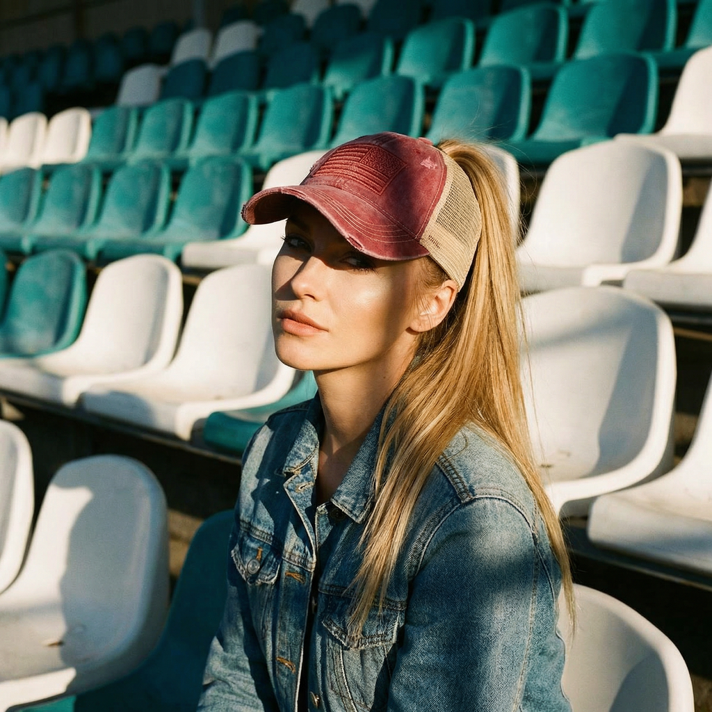 Distressed Tone & Tone Embroidered USA Flag Ponytail Cap