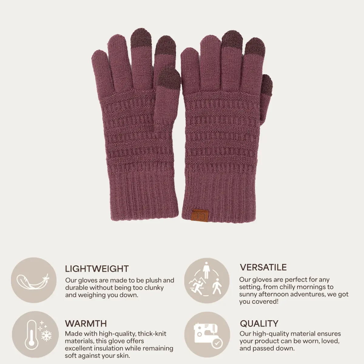 A pair of ribbed knit winter gloves in a dusty mauve-purple color with matching dark brown fingertips, displayed on a light beige background with feature callout icons and text below.