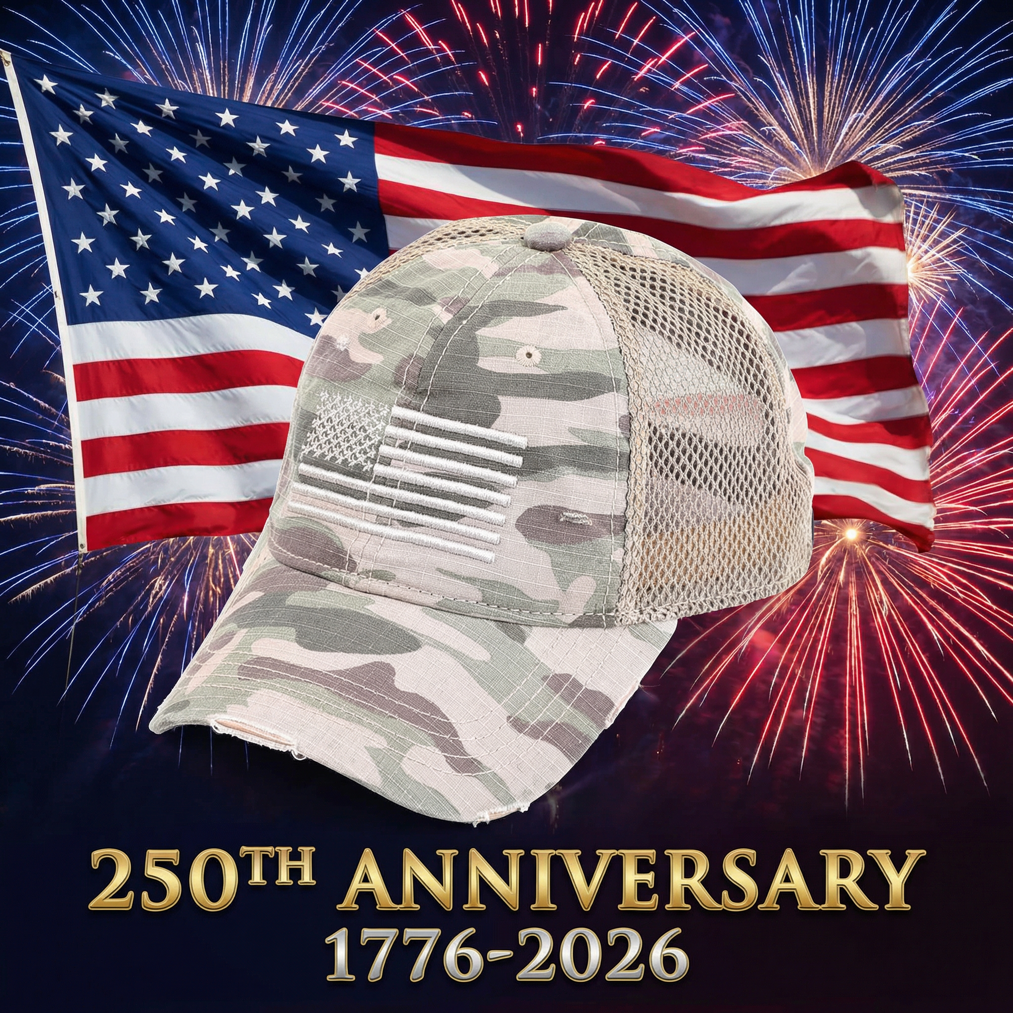 Distressed Camo Baseball Cap with Embroidered USA Flag