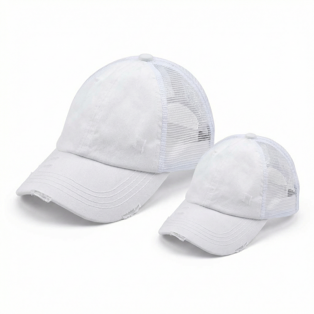 Mommy & Me Washed Cotton Twill Mesh Pony Cap with Criss-Cross Elastic Band Bundle