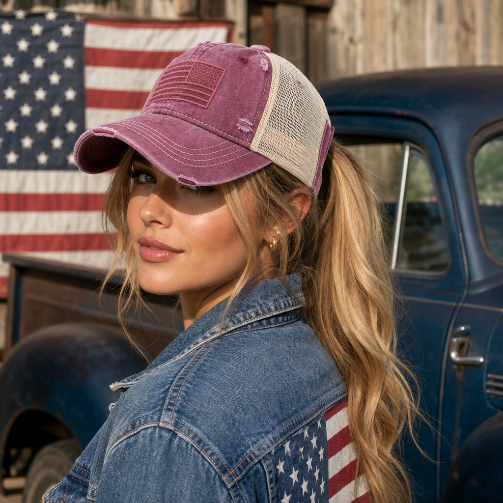 Distressed Tone & Tone Embroidered USA Flag Ponytail Cap