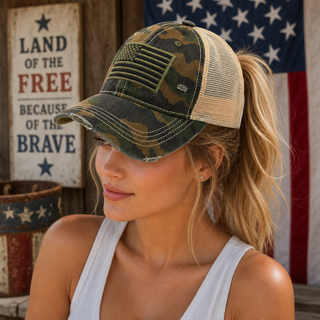 Camo USA Flag Baseball Cap for Women Distressed Patriotic