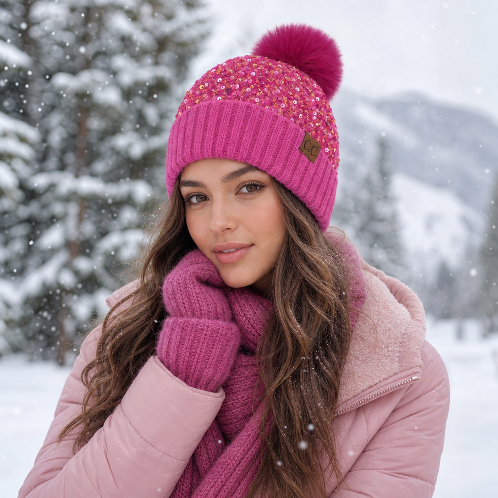 C.C Sequin Fur Pom Beanie for Women