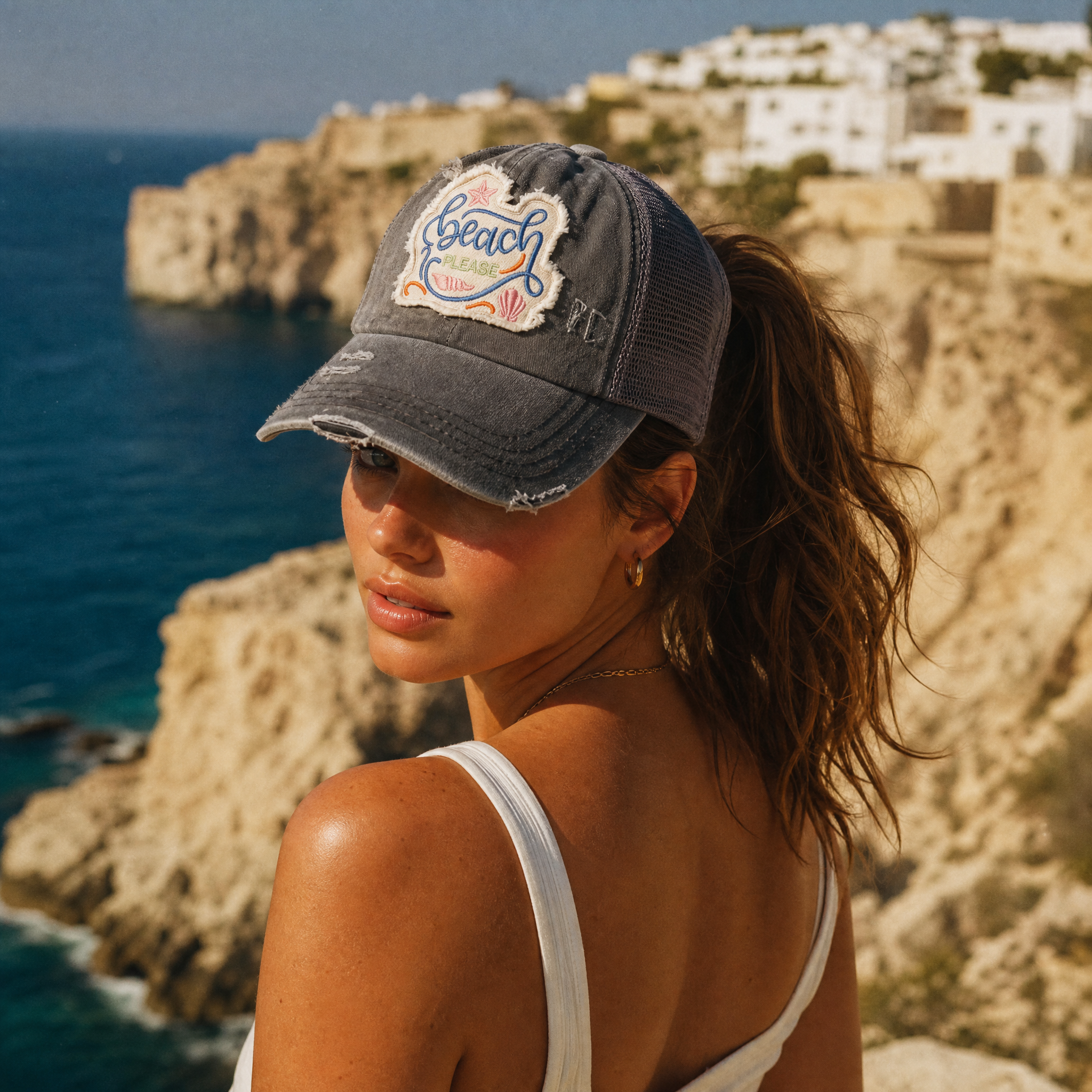 C.C Distressed Beach Please Embroidered Patch Ponytail Cap