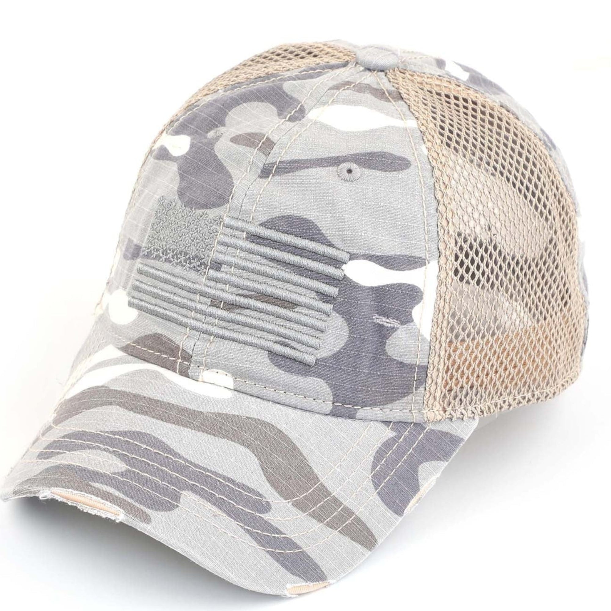 Distressed Camo Baseball Cap with Embroidered USA Flag