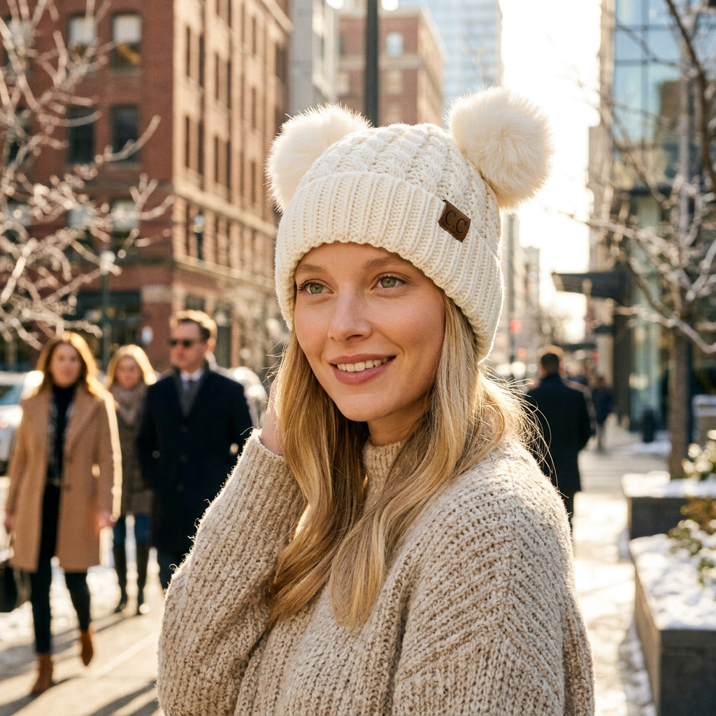 C.C Cable Knit Matching Double Pom Beanie