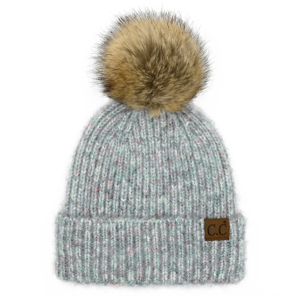 C.C Ribbed Knit Faux Fur Pom Beanie