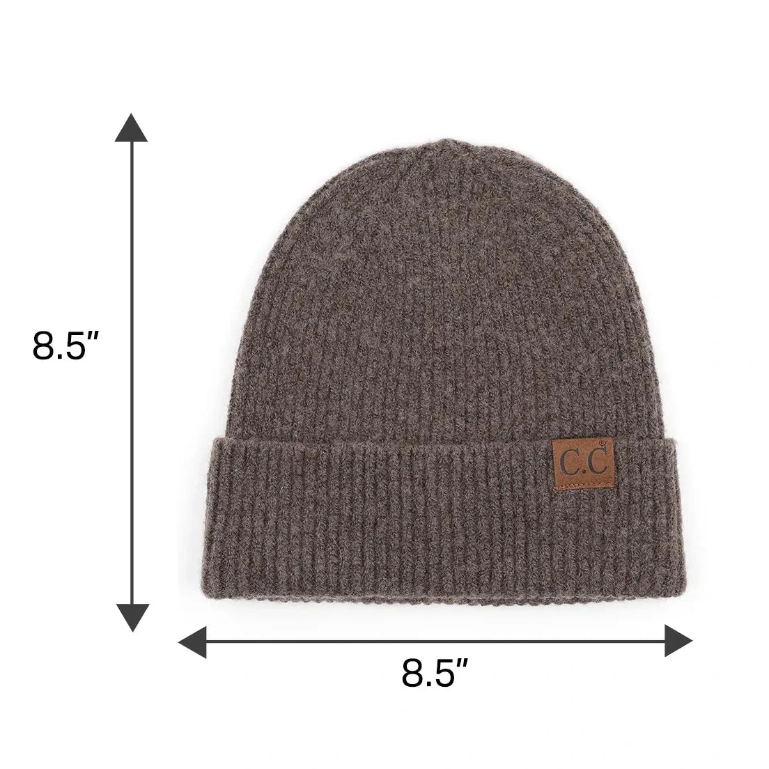 A ribbed knit beanie hat in dark taupe-brown, shown with measurement arrows and text indicating 8.5 inches in height and width.