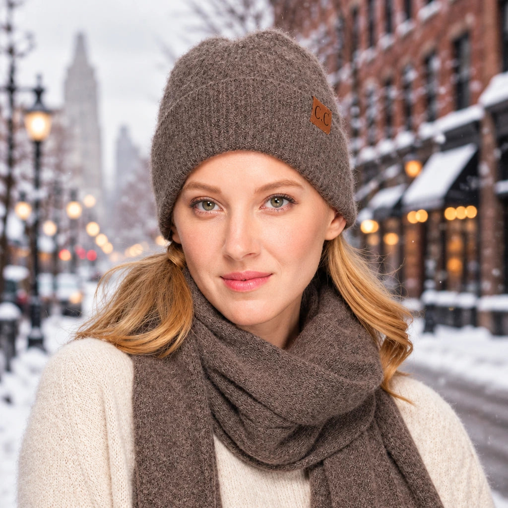 A woman wearing a ribbed knit brown beanie with a small brown 'CC' logo patch and a matching brown scarf, photographed against a clean white background.