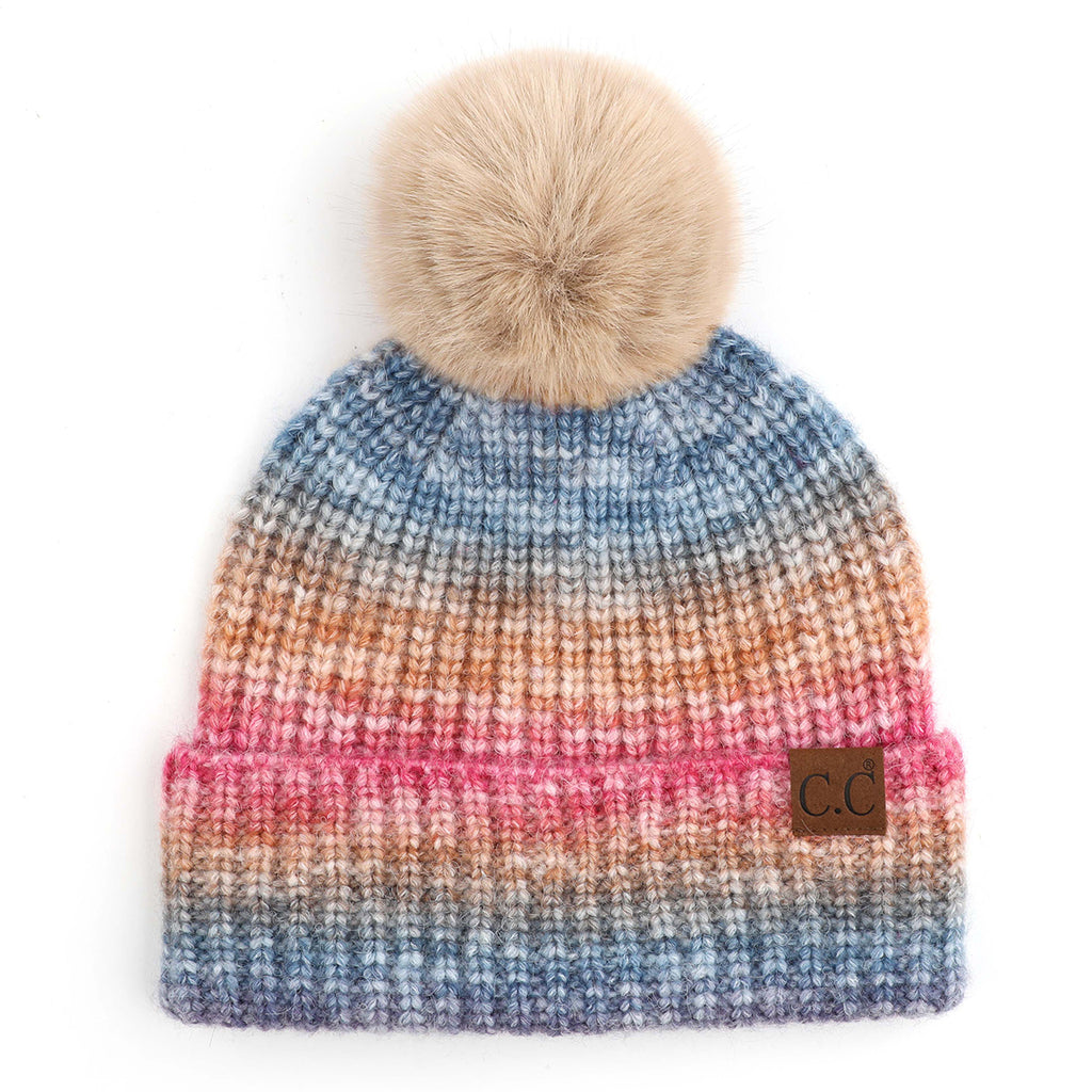 C.C Multi-Color Ombre Cuff Pom Beanie – Winter Knit Hat