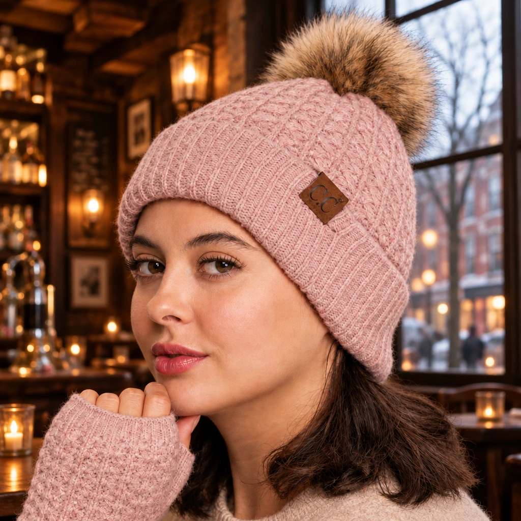 C.C Smocking Stitch Pattern Pom Beanie