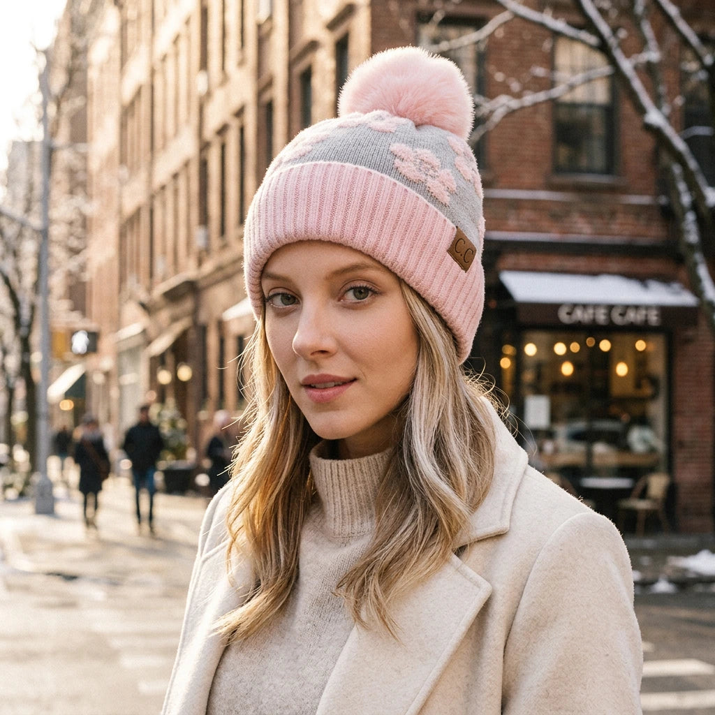 A woman wearing a pink and gray knit beanie with a large fluffy pom-pom on top. The beanie features a pattern of light pink flowers on a gray section, a solid pink lower section, and a small brown leather patch with the letters 'CC'.