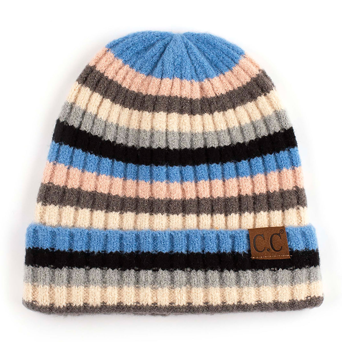 C.C Multi Color Striped Ribbed Knit Cuff Beanie
