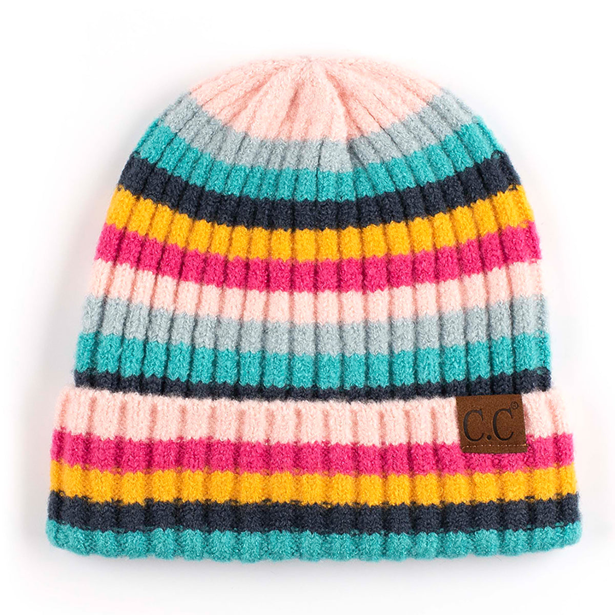 C.C Multi Color Striped Ribbed Knit Cuff Beanie