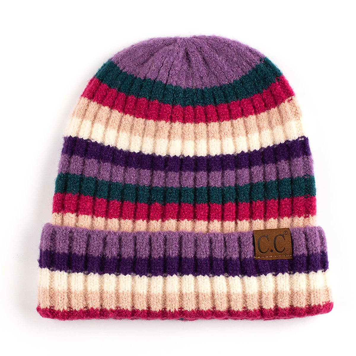 C.C Multi Color Striped Ribbed Knit Cuff Beanie