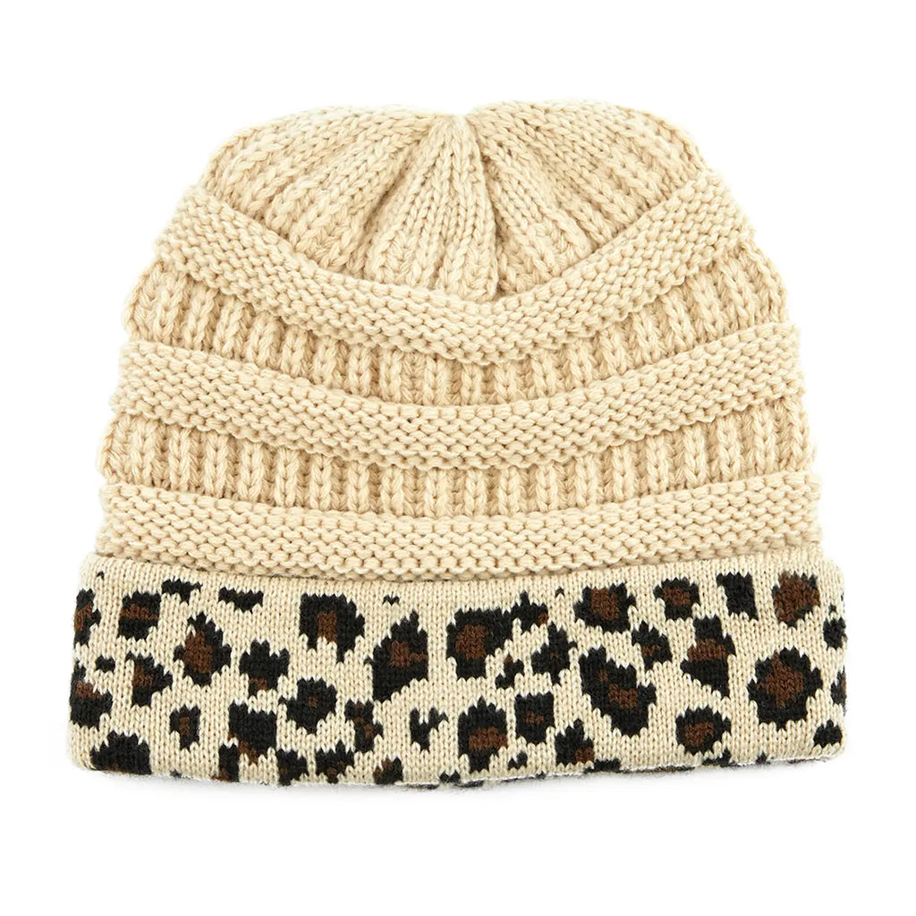 C.C Solid Color Leopard Cuff Beanie