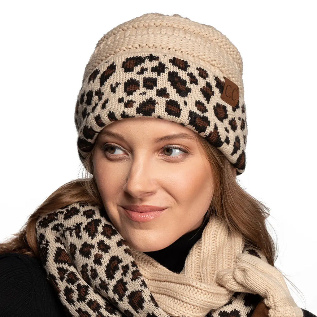 C.C Solid Color Leopard Cuff Beanie