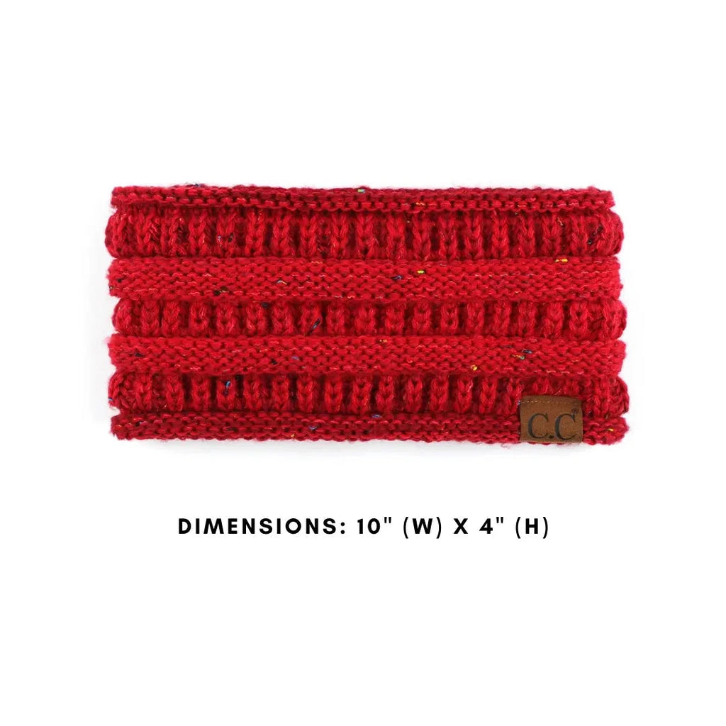 A red ribbed knit headband with a small brown leather 'CC' brand patch, displayed on a white background with text detailing its dimensions below.