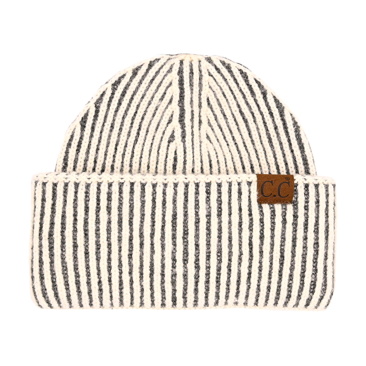 C.C Contrast Color Stripe Ribbed Knit Cuff Beanie