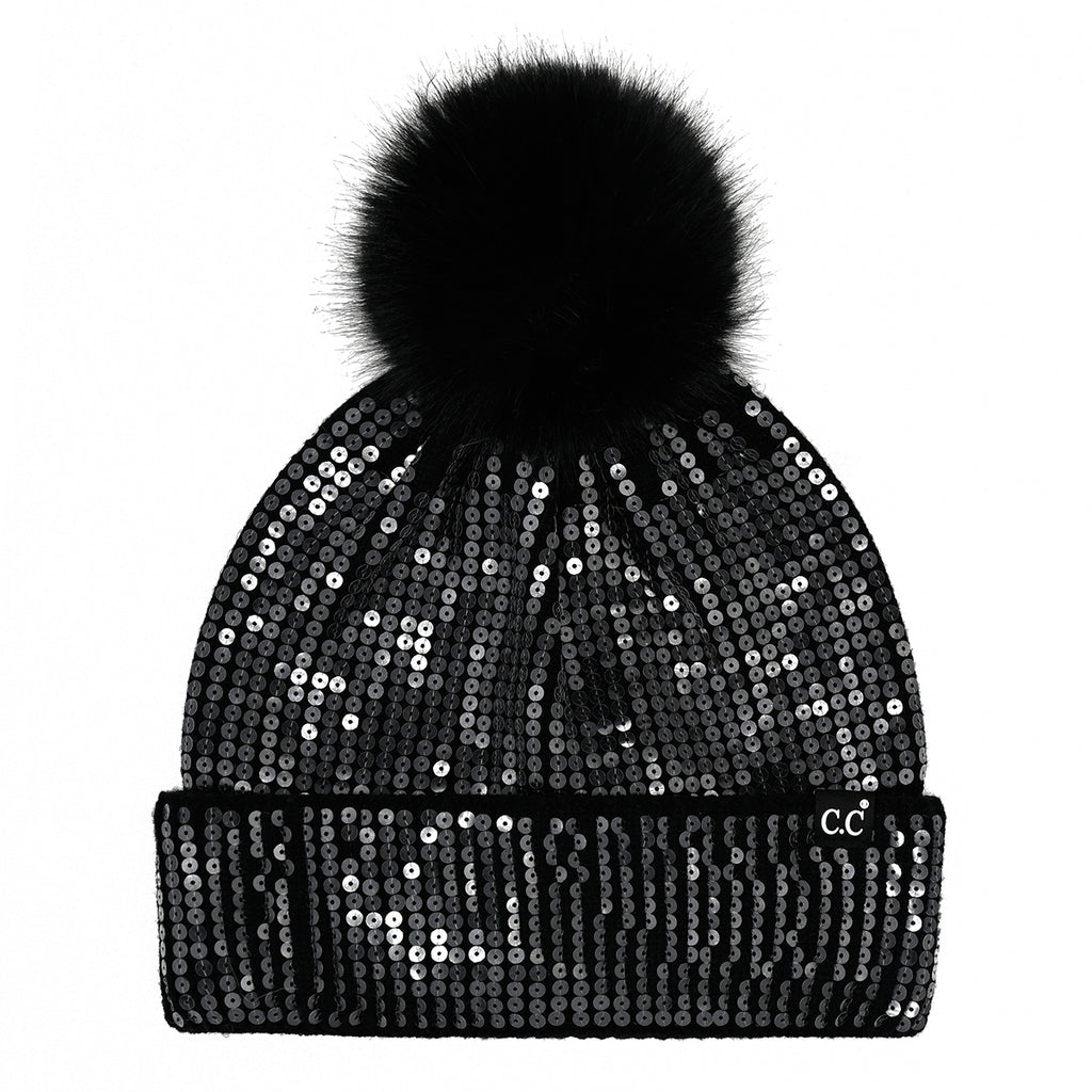 C.C Clear Sequin Cuff Pom Beanie