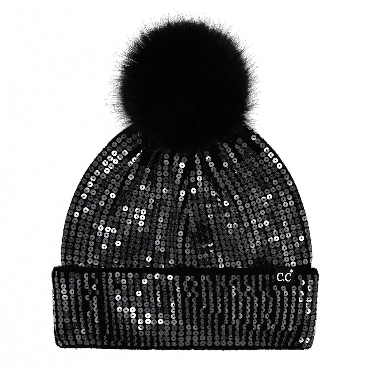 C.C Clear Sequin Cuff Pom Beanie
