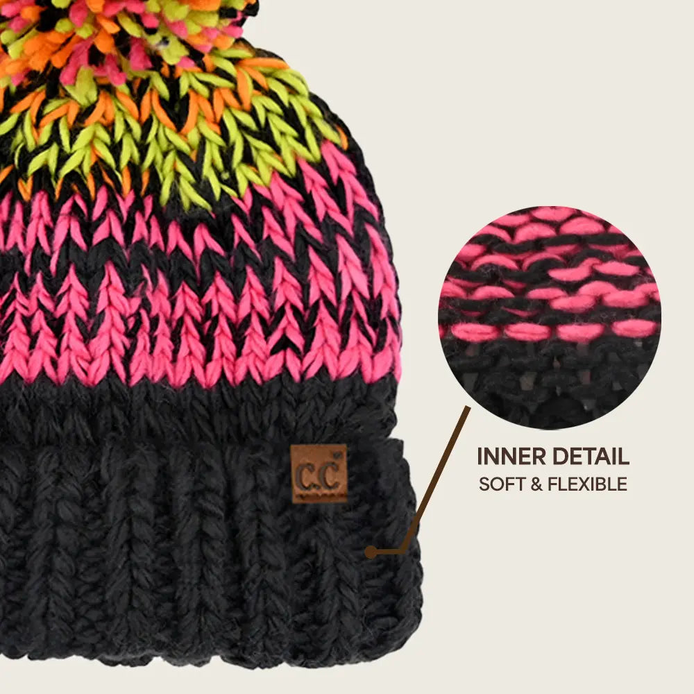 C.C Chunky Multi-Color Cuff Pom Beanie