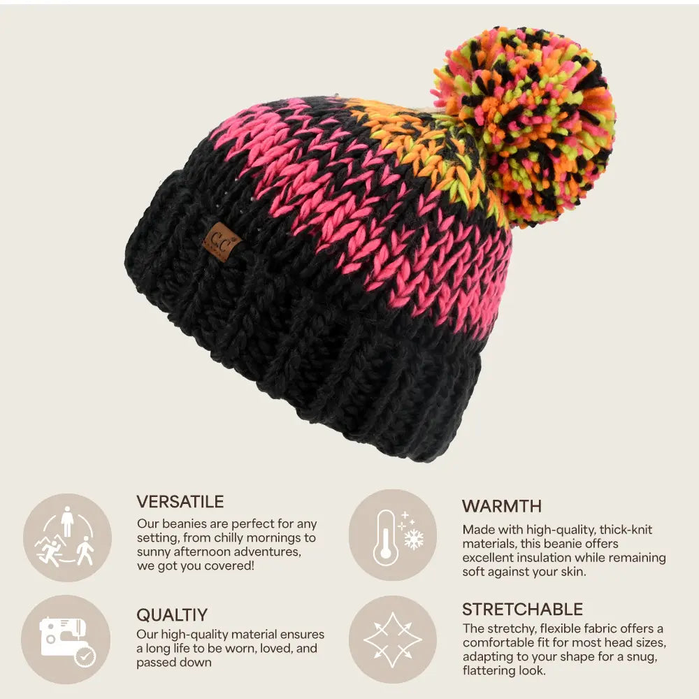 C.C Chunky Multi-Color Cuff Pom Beanie