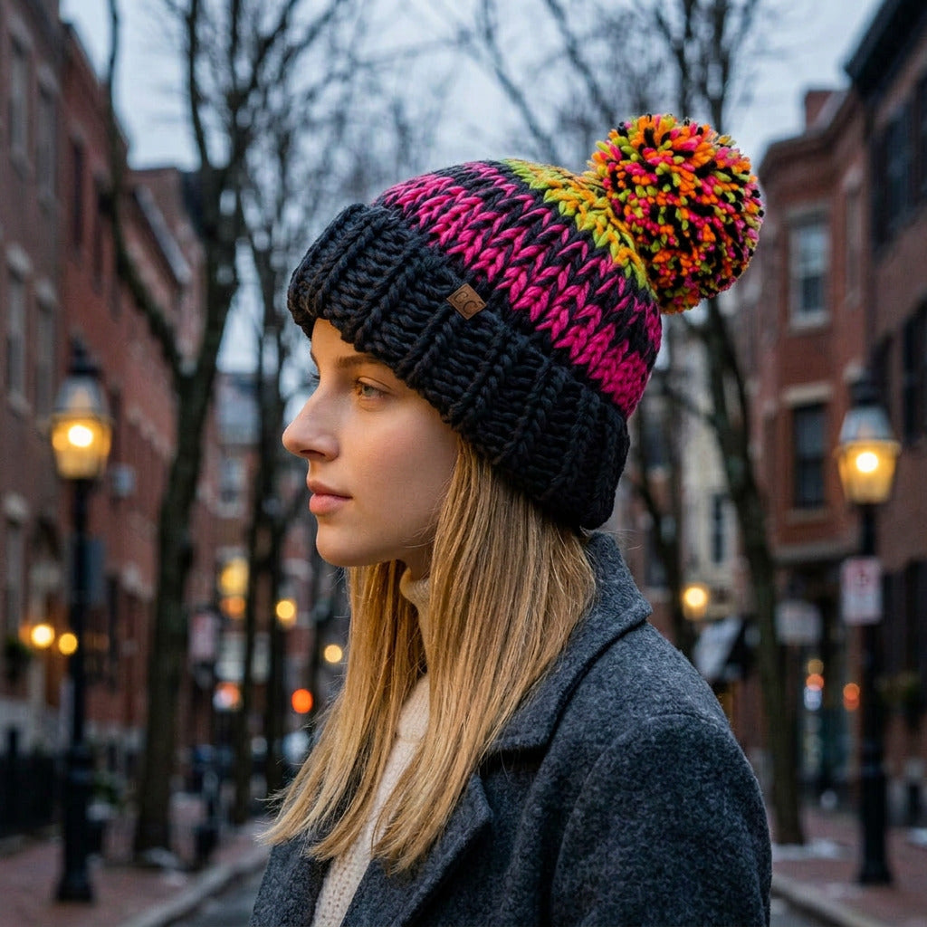 A woman in profile wearing a chunky knit beanie with a pom-pom. The beanie features a black ribbed cuff, a black and bright pink striped section, and a multicolor striped section with yellow, orange, and green yarn, finished with a black pom-pom.