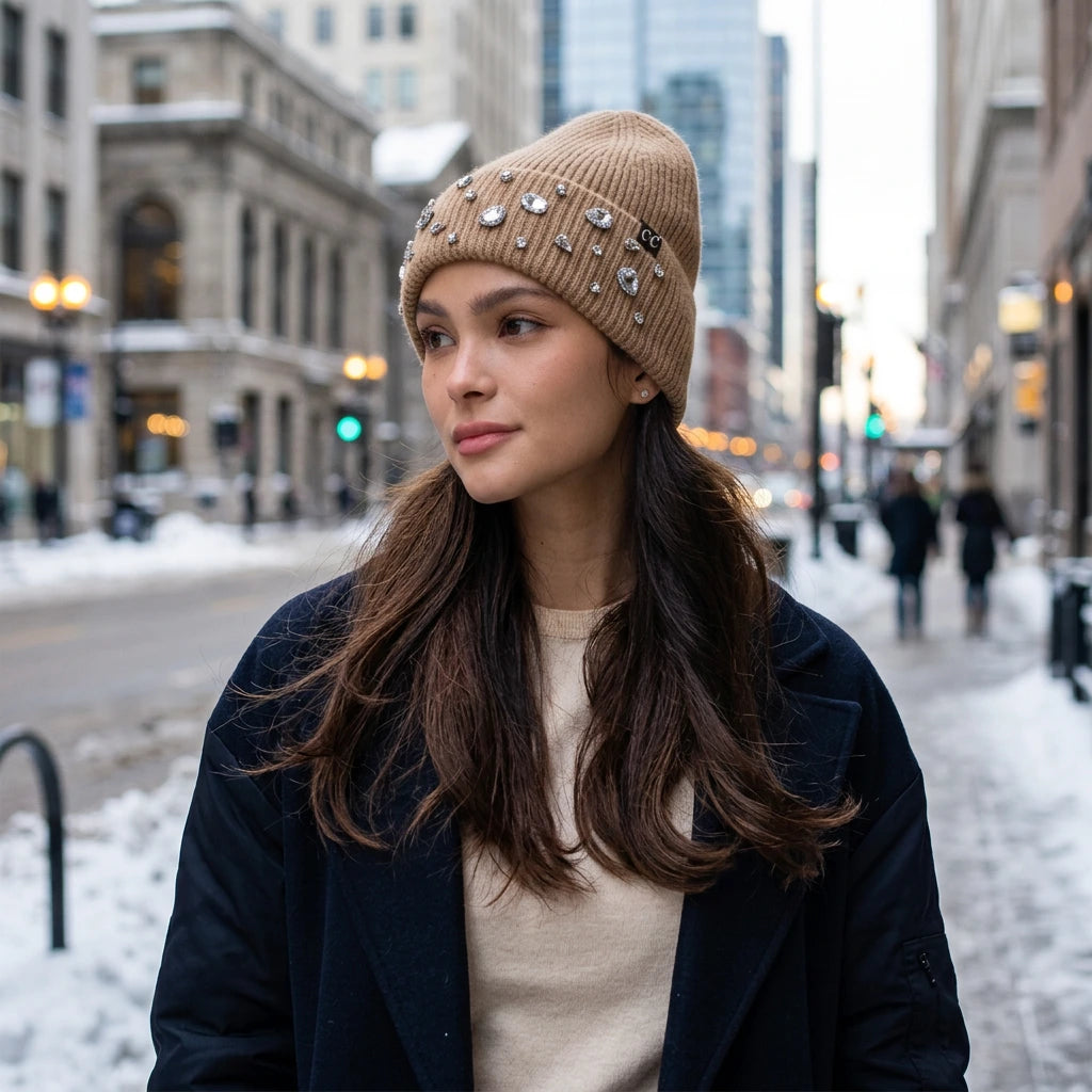A woman wearing a beige knit beanie hat embellished with rhinestones and a small black logo patch, paired with a cream sweater and dark coat against an urban background.