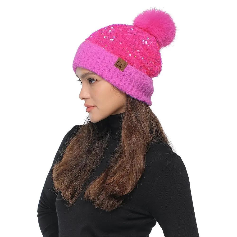 C.C Sequin Fur Pom Beanie for Women