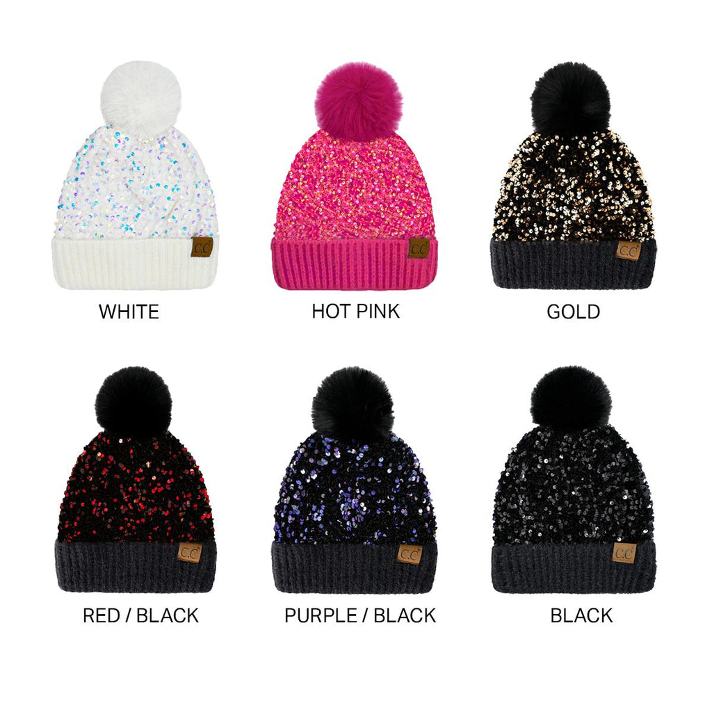 C.C Sequin Fur Pom Beanie for Women