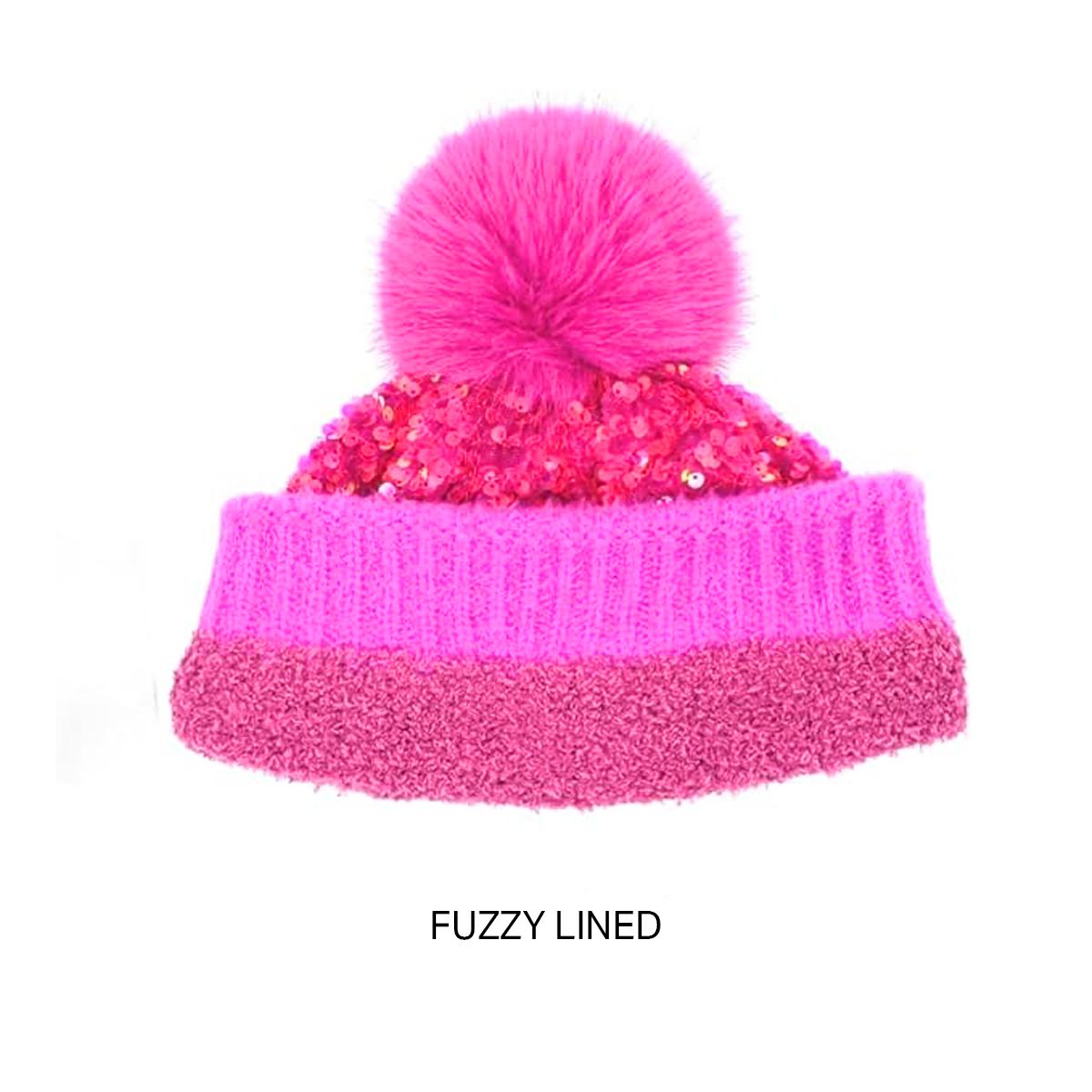 C.C Sequin Fur Pom Beanie for Women