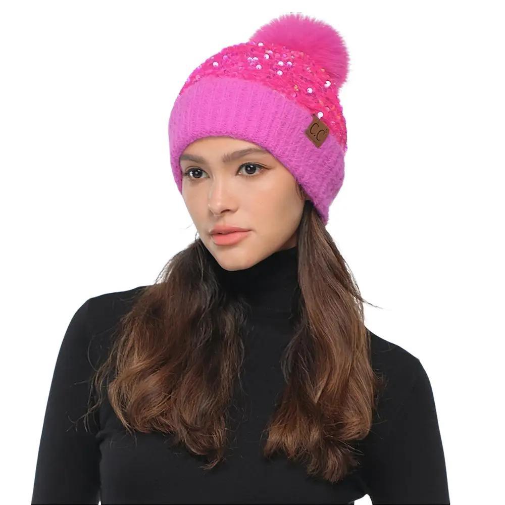 C.C Sequin Fur Pom Beanie for Women