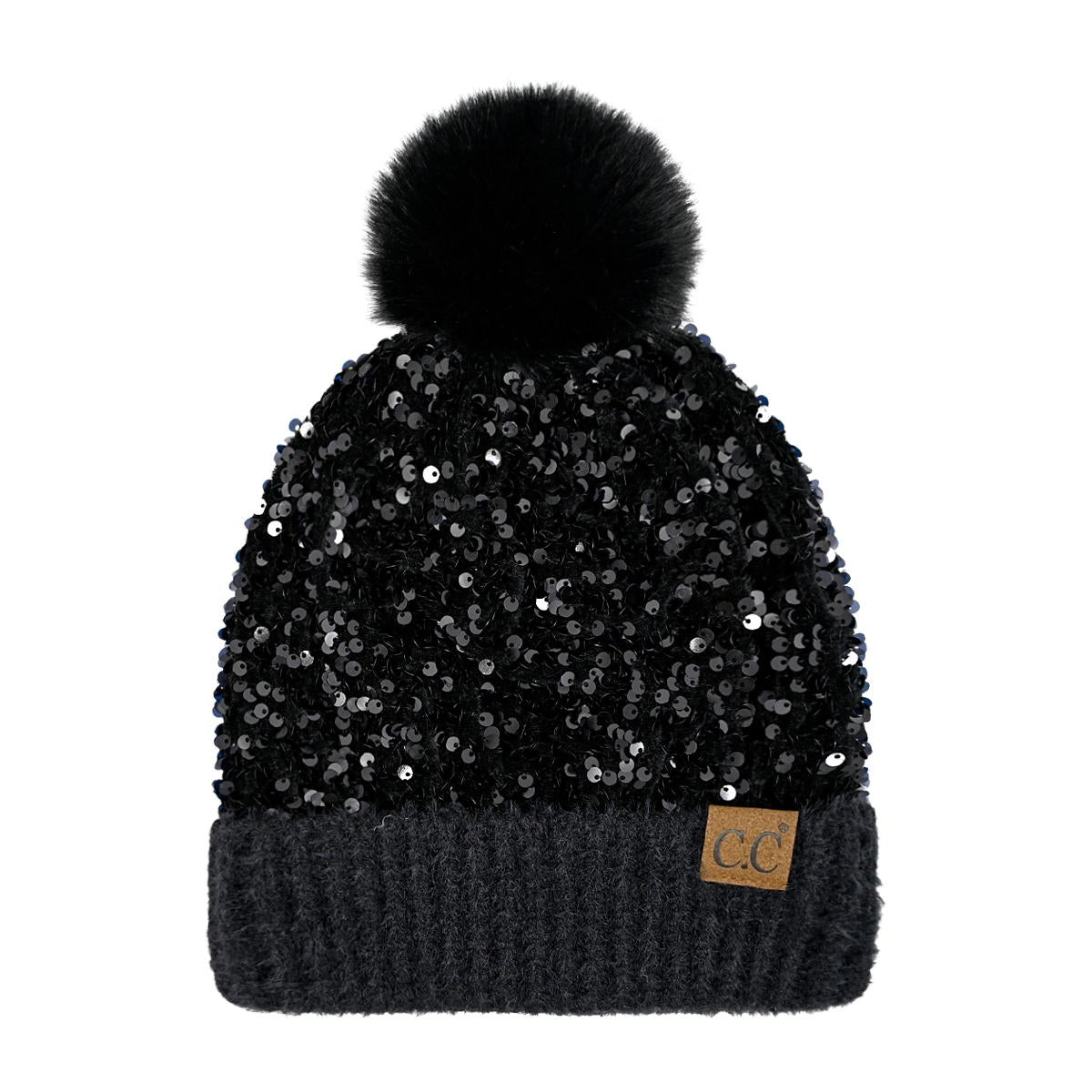 C.C Sequin Fur Pom Beanie for Women