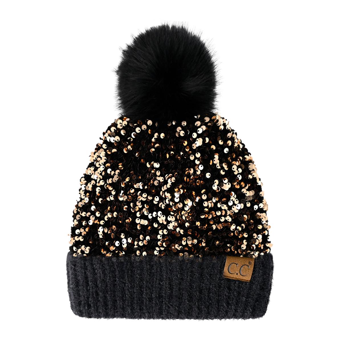 C.C Sequin Fur Pom Beanie for Women