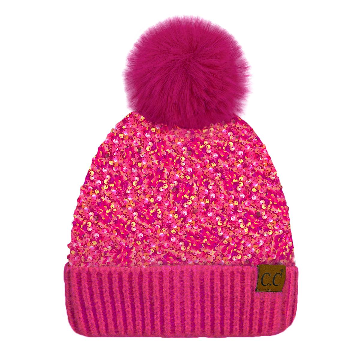C.C Sequin Fur Pom Beanie for Women