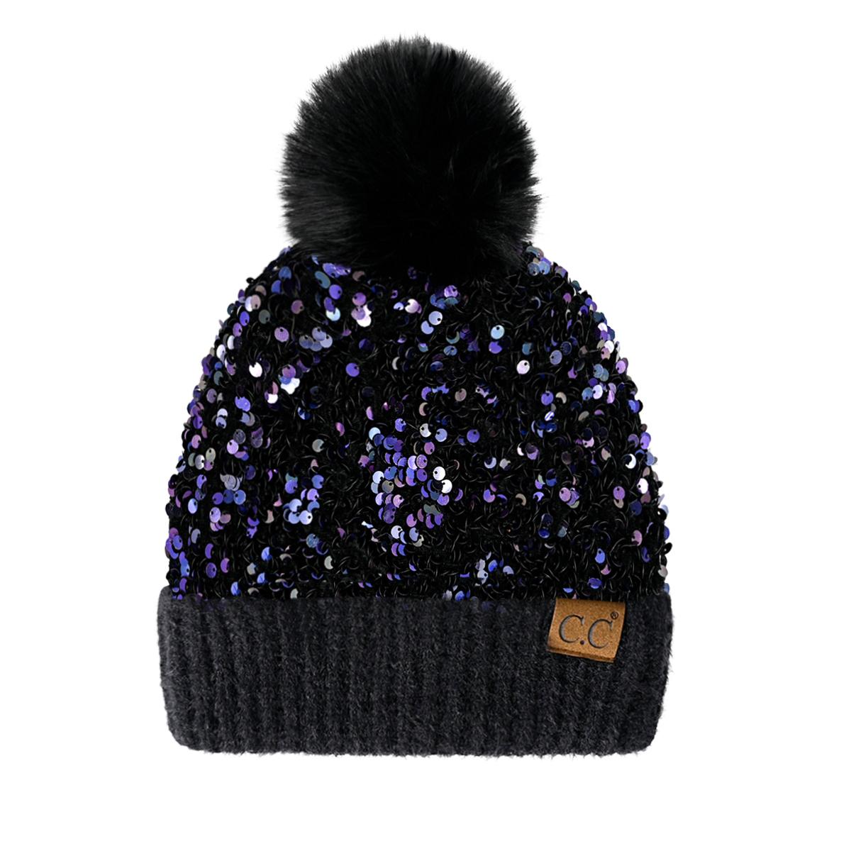 C.C Sequin Fur Pom Beanie for Women