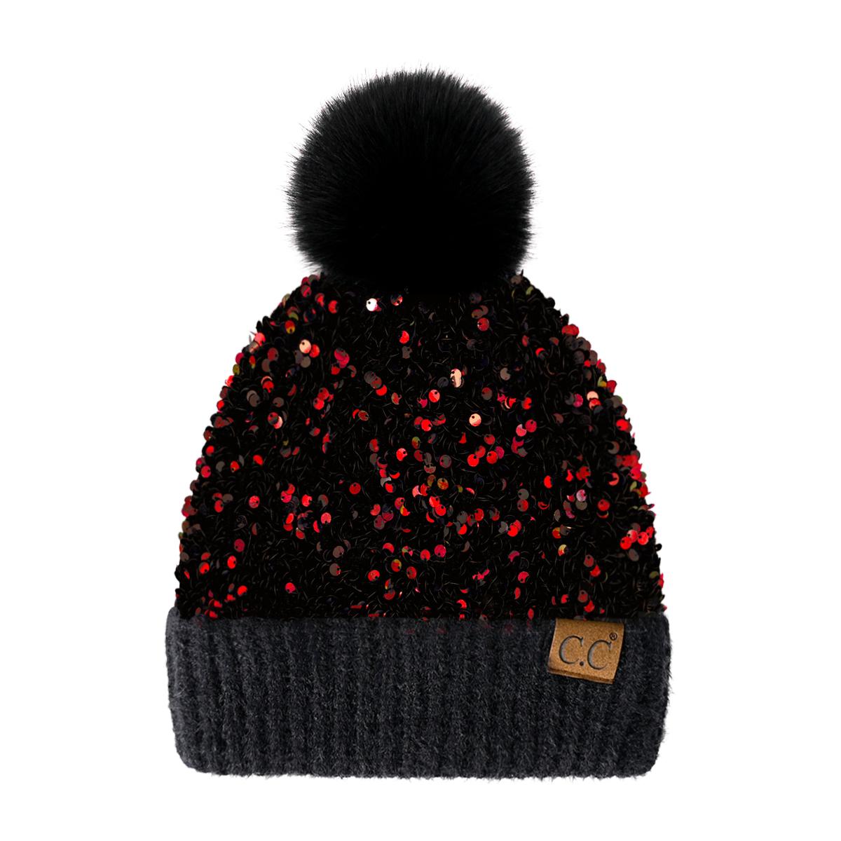 C.C Sequin Fur Pom Beanie for Women