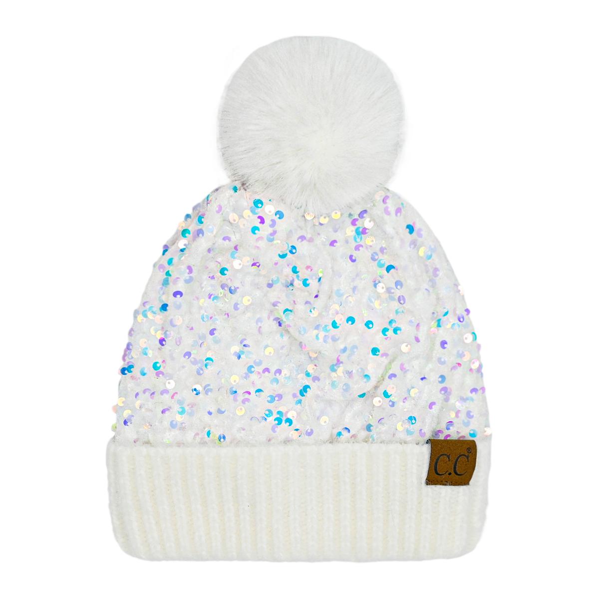 C.C Sequin Fur Pom Beanie for Women