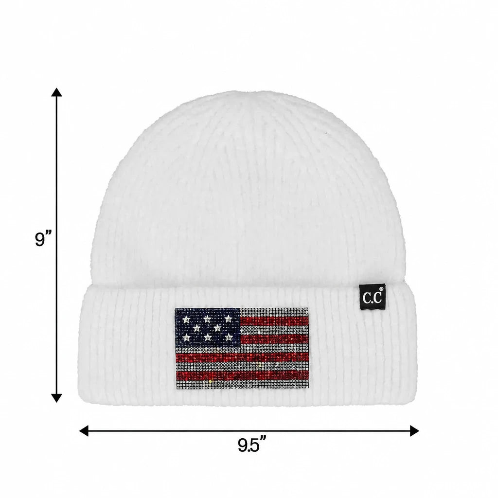 C.C Recycled Rhinestone American Flag Cuff Beanie