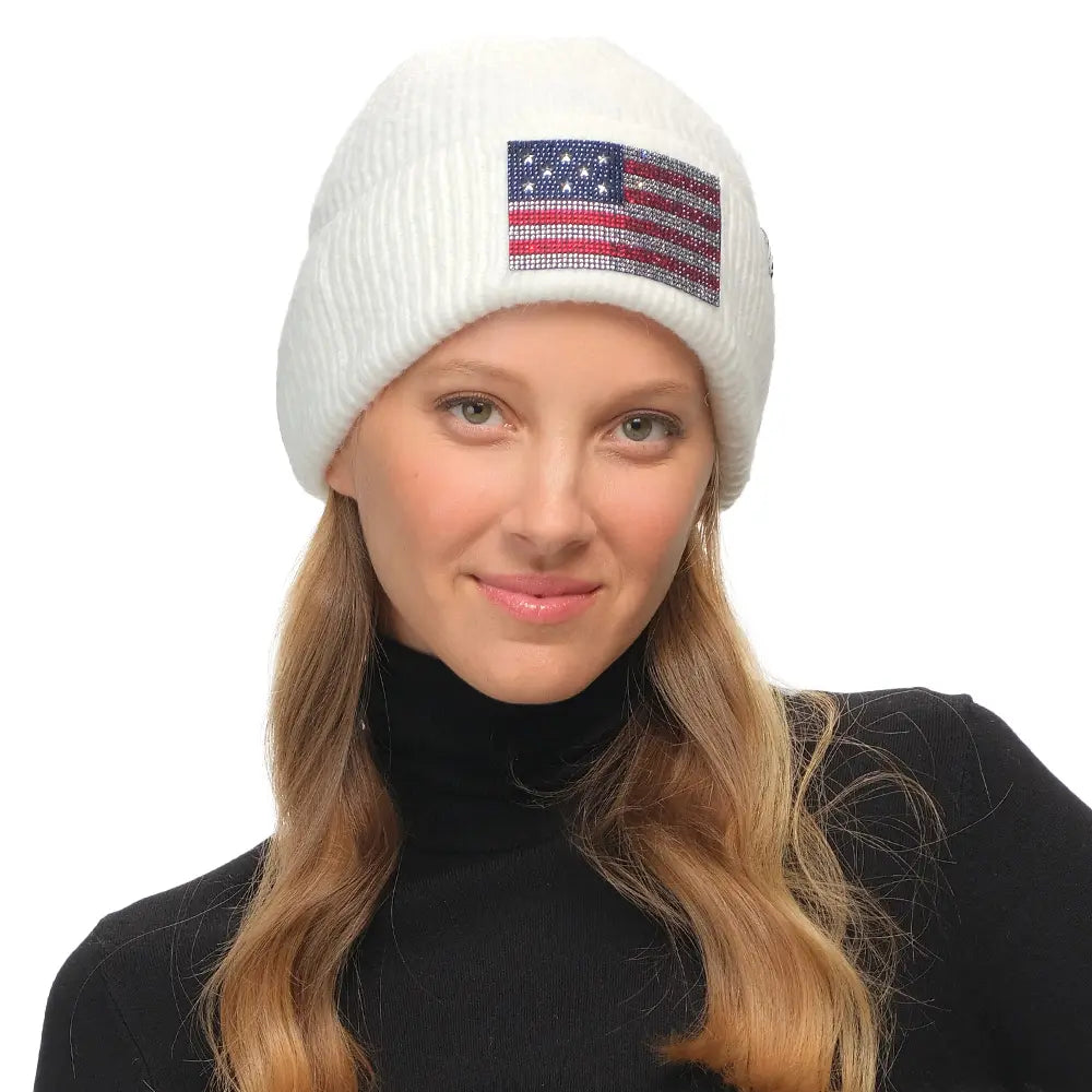 C.C Recycled Rhinestone American Flag Cuff Beanie
