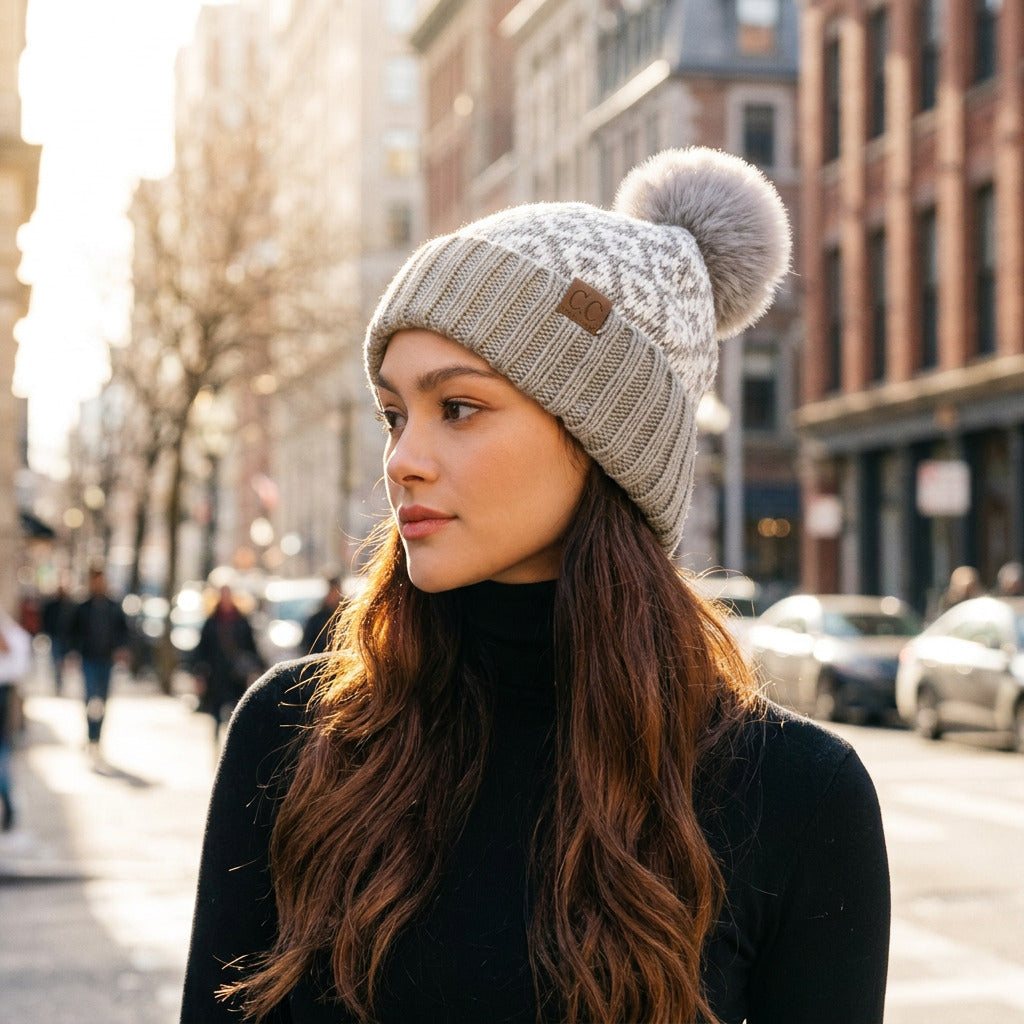 C.C Diamond Pattern Faux Fur Pom Beanie