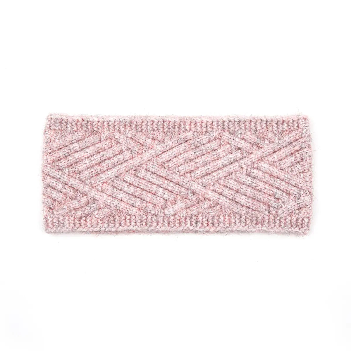 A rectangular knit headband in a variegated light pink and white pattern, featuring a textured chevron design, shown against a plain white background.