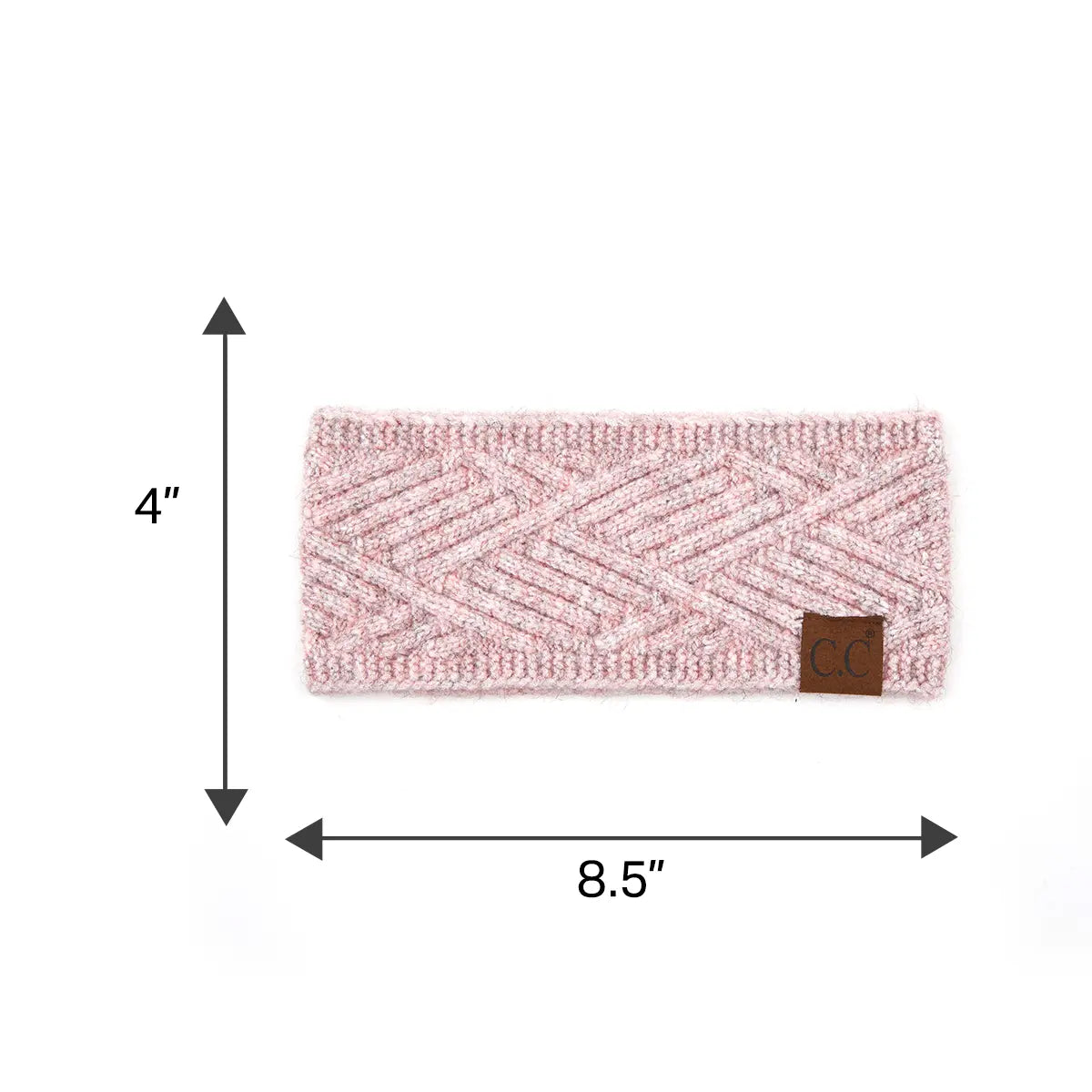 A pink knit headband with a textured chevron pattern, shown with dimension arrows indicating a height of 4 inches and a width of 8.5 inches on a white background.