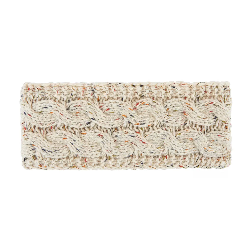 A rectangular cable-knit headband in a cream-colored variegated yarn with subtle multicolor flecks, shown against a plain white background.