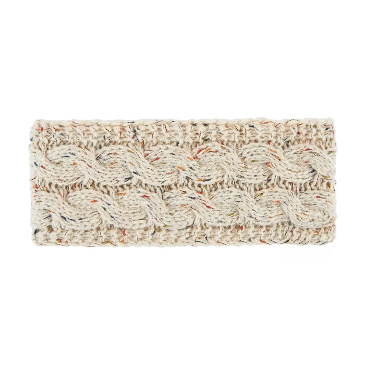 A rectangular cable-knit headband in a cream-colored variegated yarn with subtle multicolor flecks, shown against a plain white background.