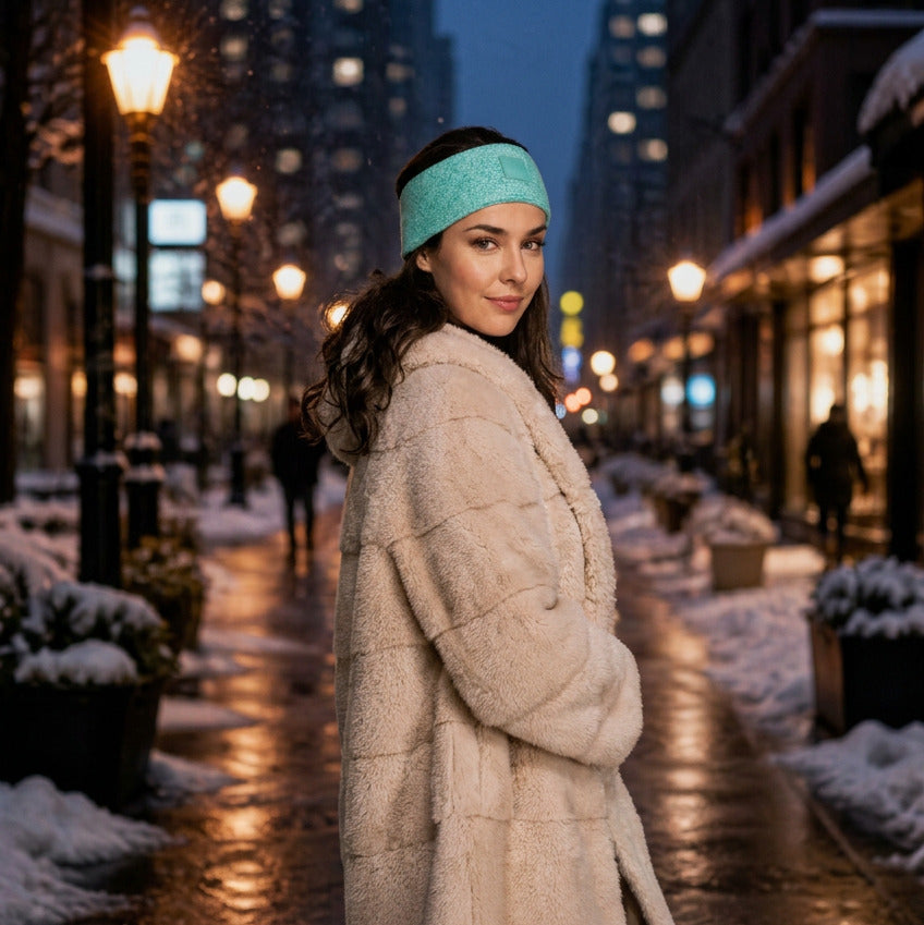 A woman stands on a snowy street at night wearing a voluminous light beige faux-fur coat and a light blue knit headband. The background shows a festive, snow-covered town street with glowing shop windows and warm streetlights.