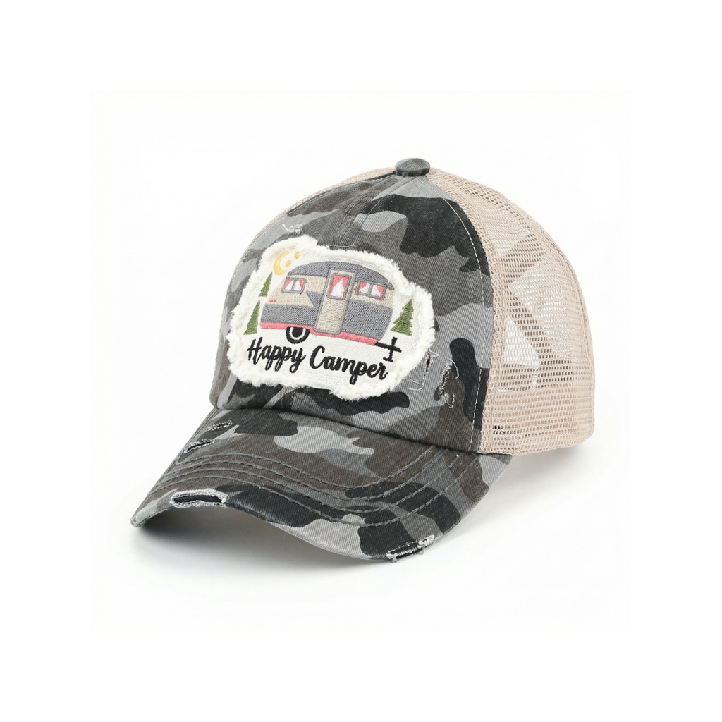 Distressed Happy Camper Embroidered Patch Ponytail Cap