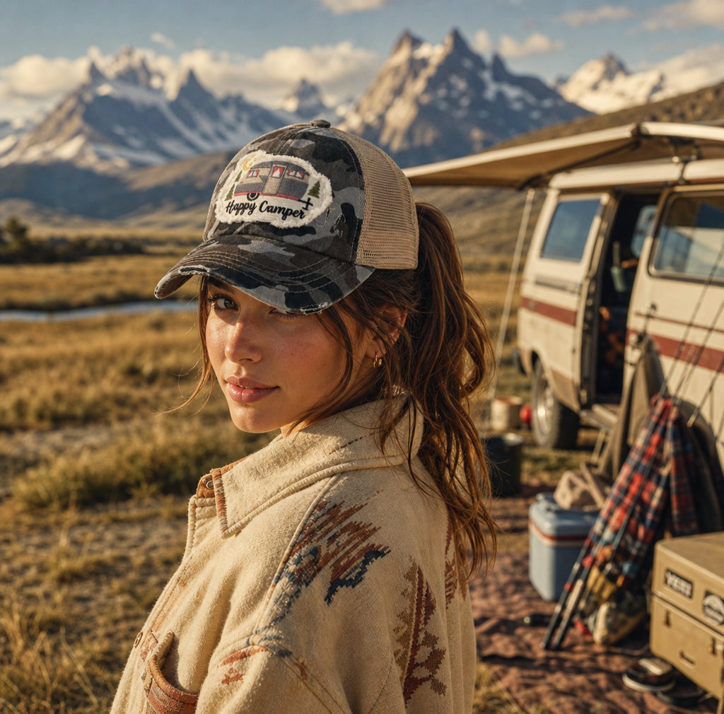 C.C Distressed Happy Camper Embroidered Patch Criss-Cross Ponytail Cap