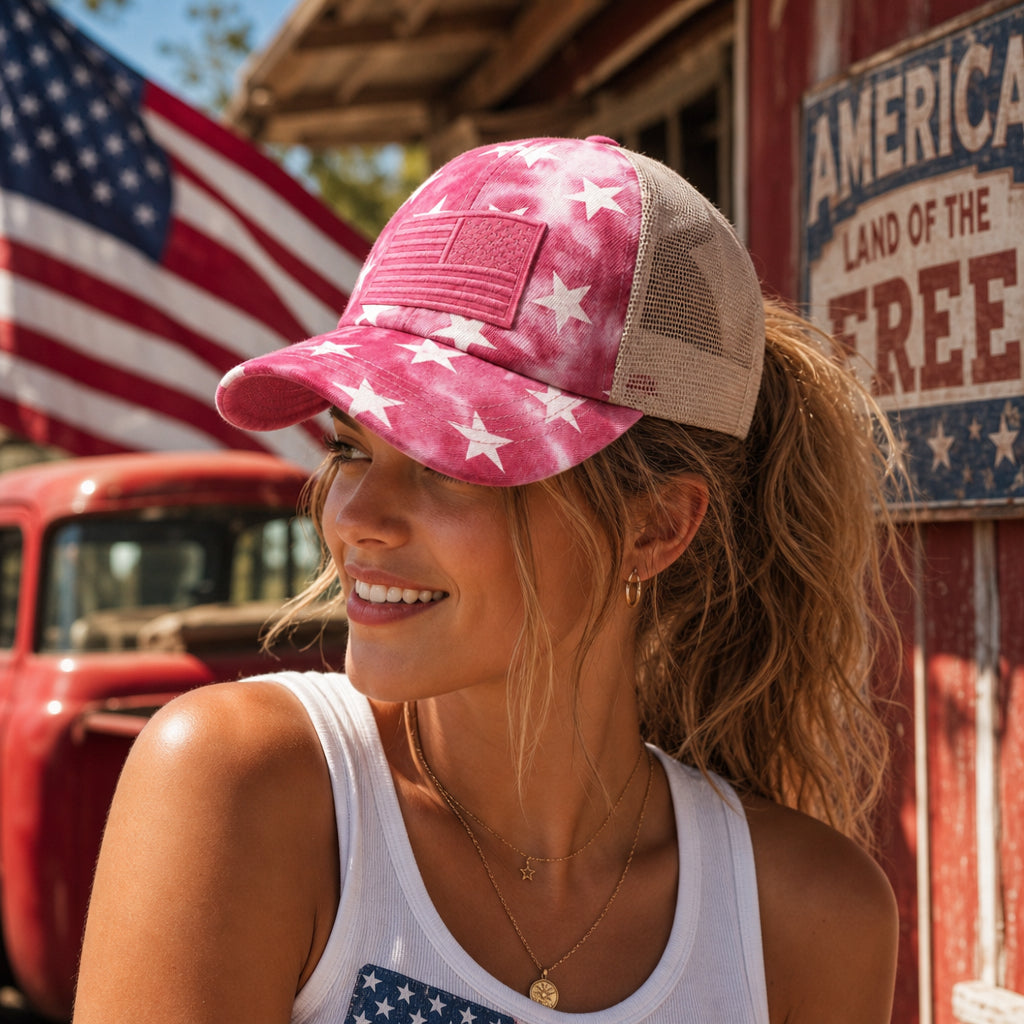 C.C Tie-Dye Stars Flag Patch Criss-Cross Ponytail Cap